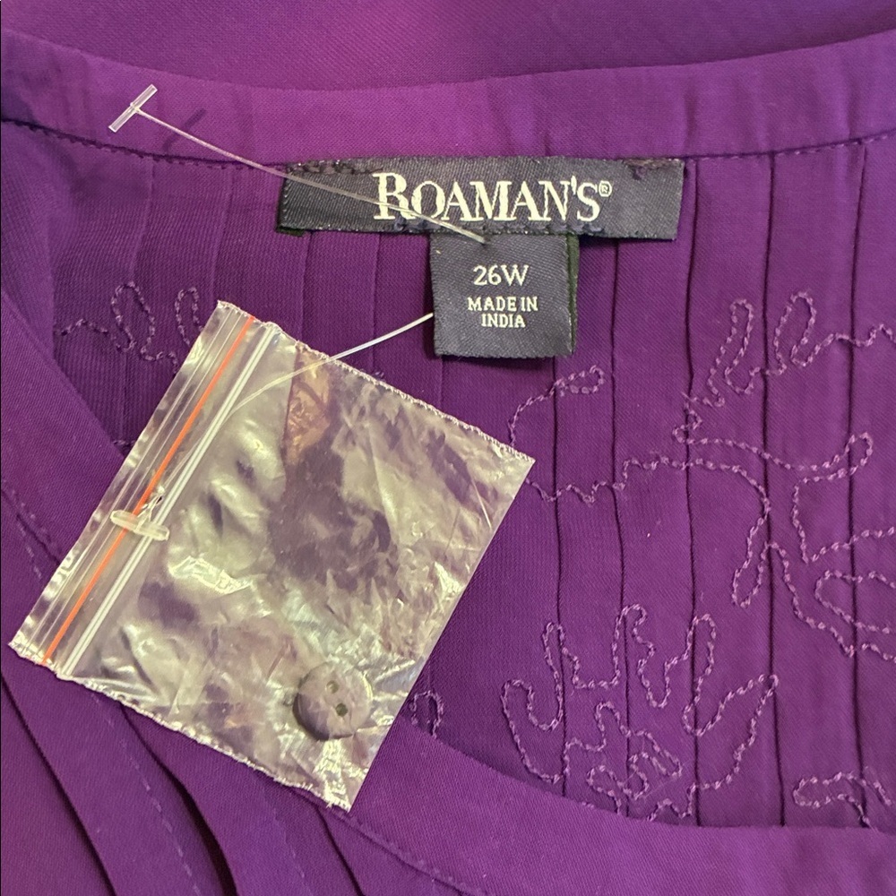 Roaman's Deep Purple Embroidered Blouse NWOT but extra button still attached. - Picture 6 of 12